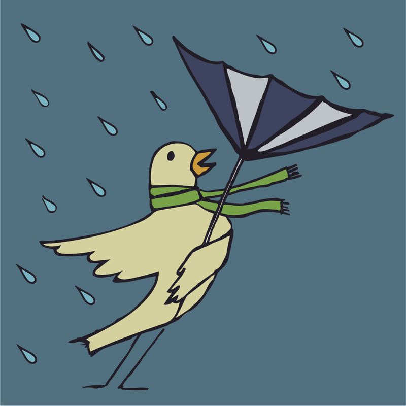 Illustration of bird in wind and rain with umbrella